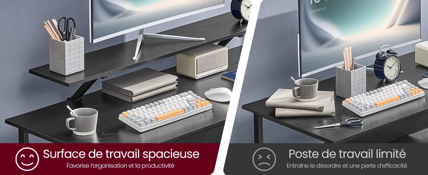 Clavier mécanique blanc et orange sur bureau organisé, comparaison espace de travail optimisé vs encombré
