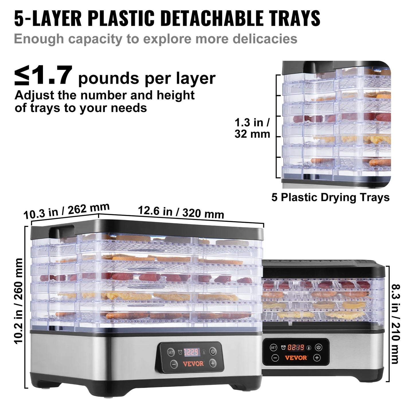 SucceBuy – déshydrateur alimentaire électrique à 5 plateaux, 300W, en acier inoxydable, avec minuterie et température réglables numériques