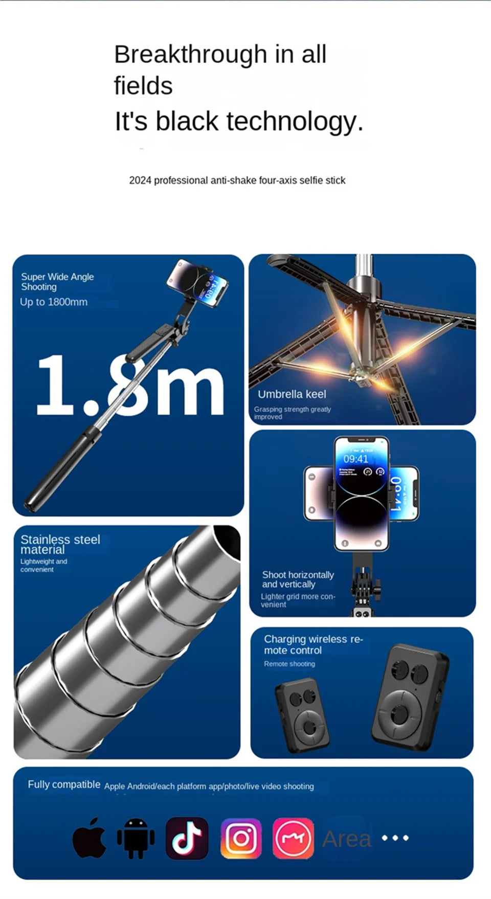FANGTUOSI trépied 1800mm pour appareil photo Smartphone, support de trépied avec obturateur Bluetooth, supports de perche à Selfie sans fil support de téléphone