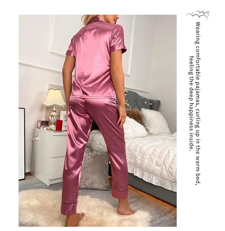 Ensemble de pyjama brodé en satin pour femme, poche, cœur, confortable, manches courtes, bouton, pantalon de salon, vêtements de nuit