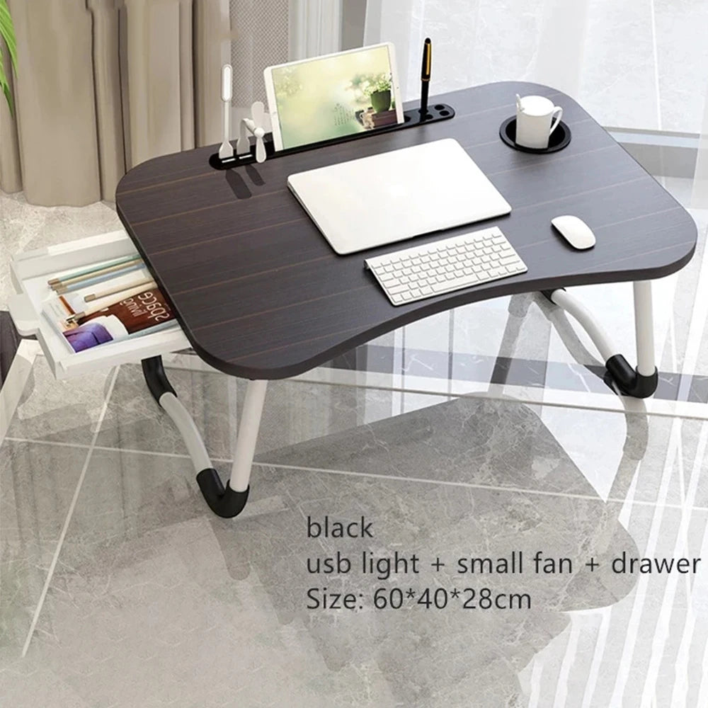 Bureau portable noir avec tiroir, lumière USB, petit ventilateur, pour laptop et tablette, idéal bureau lit