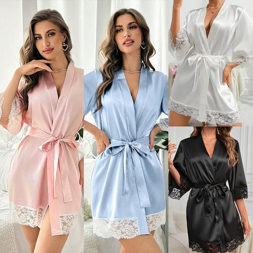 Nouvelle Robe de Nuit Élégante en Satin pour Femme 2025, Kimono Court avec Dentelle, Col en V, Ceinturé, Vêtement de Nuit de Mariée, Cadeau pour Demoiselle d'Honneur