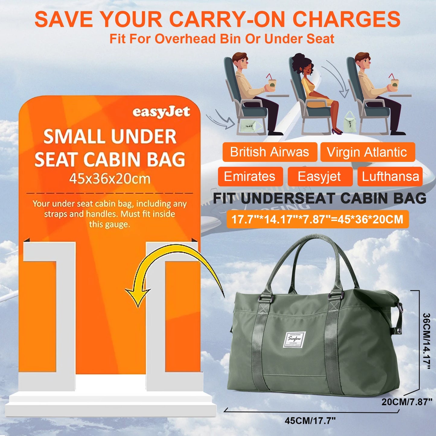 Sac cabine sous siège 45x36x20cm, compatible EasyJet, British Airways, Emirates. Évitez les frais bagage à main.