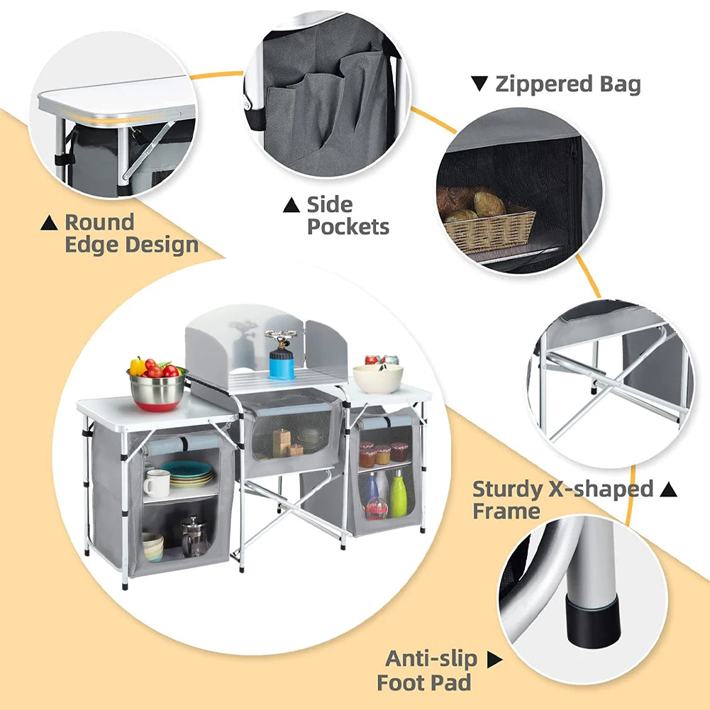 Ensemble de table de cuisine de camping Portable, support de rangement extérieur Vertical, table de préparation pliable avec armoire de rangement