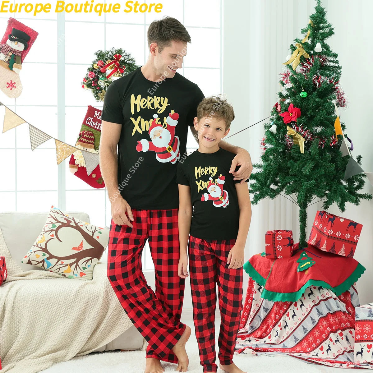 Costume du nouvel an 2025, ensemble pyjama de noël à manches courtes, tenues assorties pour famille/couples/enfants, T-shirt + pantalon, vêtements de nuit