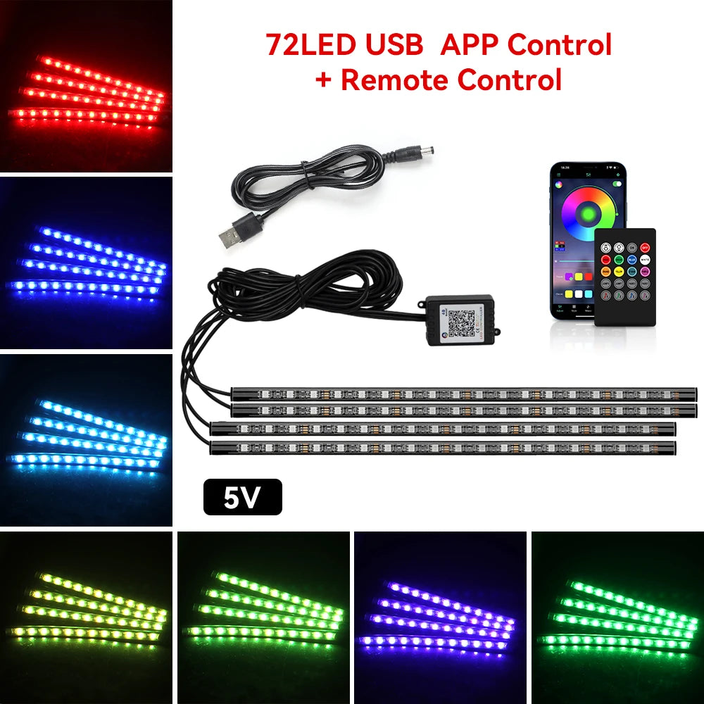 Kit de lumière d'ambiance pour intérieur de voiture, néon 36 48 72 LED, rétro-éclairage, application à distance, contrôle de la musique, lampe décorative d'ambiance RGB automatique