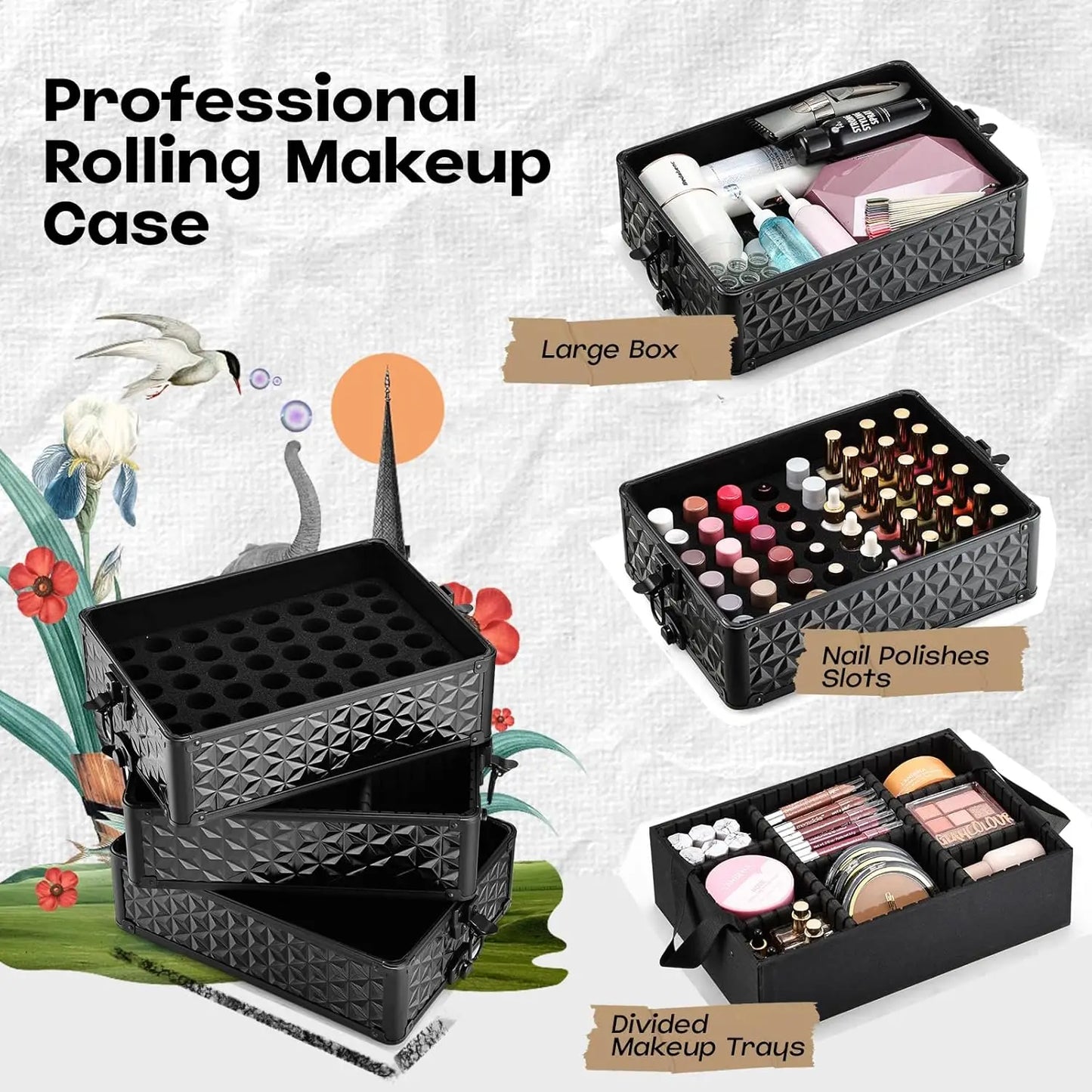 Trousse de maquillage professionnelle sur roulettes, trousse à cosmétiques extra large, trousse de maquillage roulante, organisateur de maquillage avec roulettes