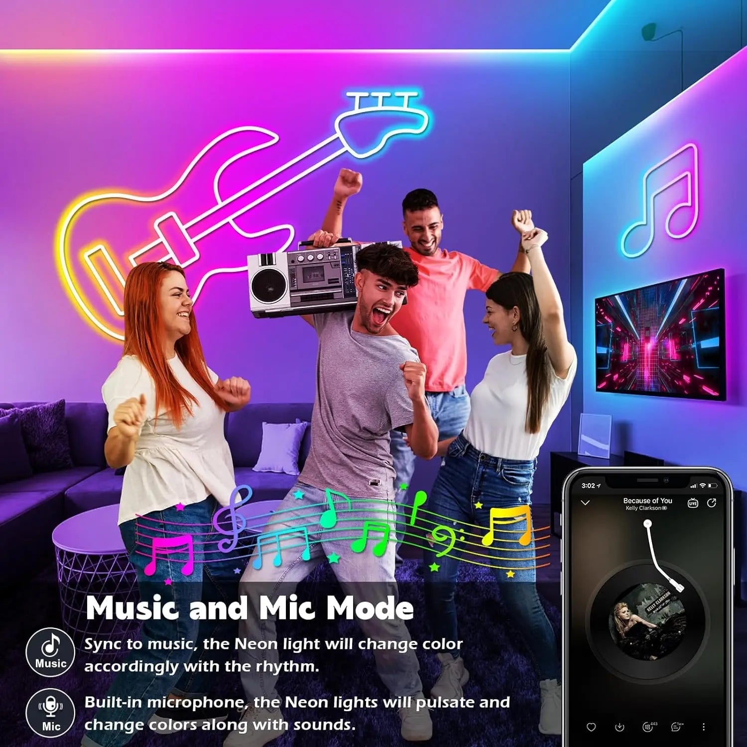 Gadgets high-tech avec lumières néon synchronisées à la musique, mode micro intégré pour fête dynamique