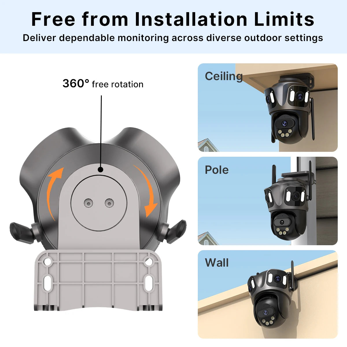 Caméra de surveillance extérieure avec rotation 360°, montage plafond, poteau ou mur pour sécurité domicile