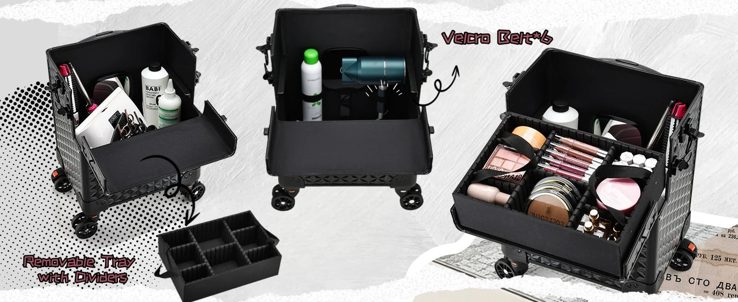 Trousse de maquillage professionnelle sur roulettes, trousse à cosmétiques extra large, trousse de maquillage roulante, organisateur de maquillage avec roulettes