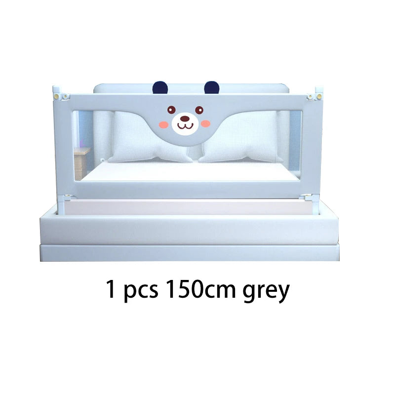 Barrière de lit bébé gris 150 cm avec motif ours mignon, sécurité enfant
