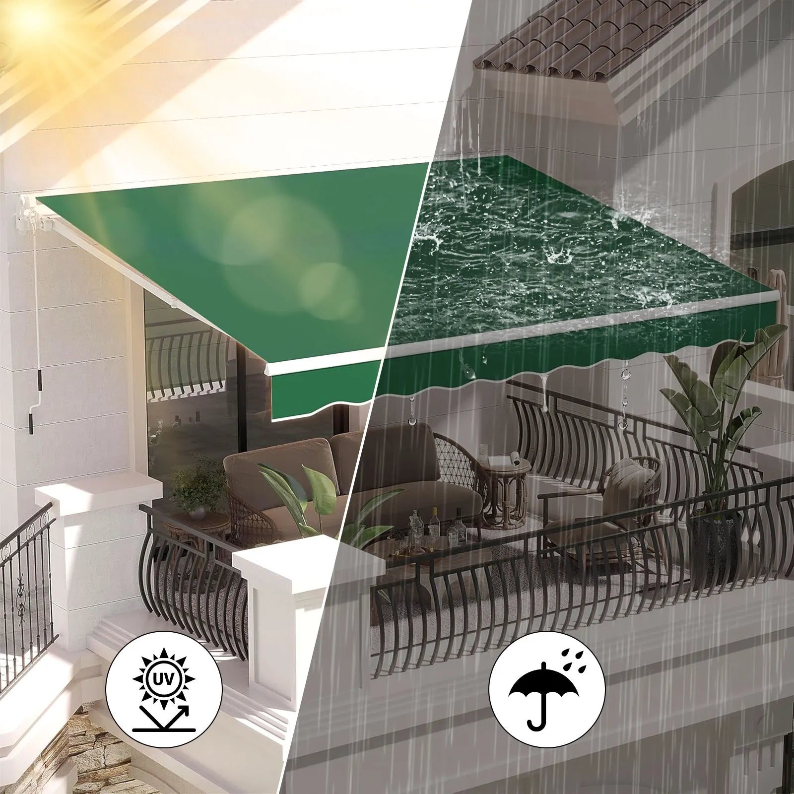 Auvent balcon vert imperméable et anti-UV, protection soleil et pluie pour terrasse extérieure