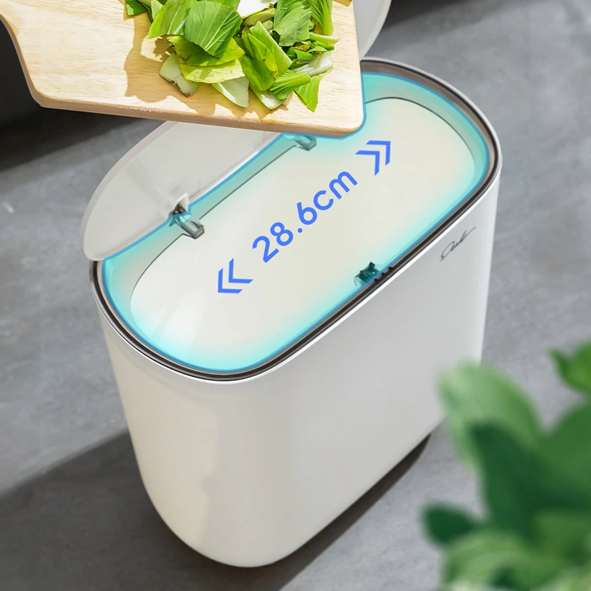 Poubelle intelligente blanche avec couvercle ouvert, 28,6 cm, pour déchets de cuisine, design moderne