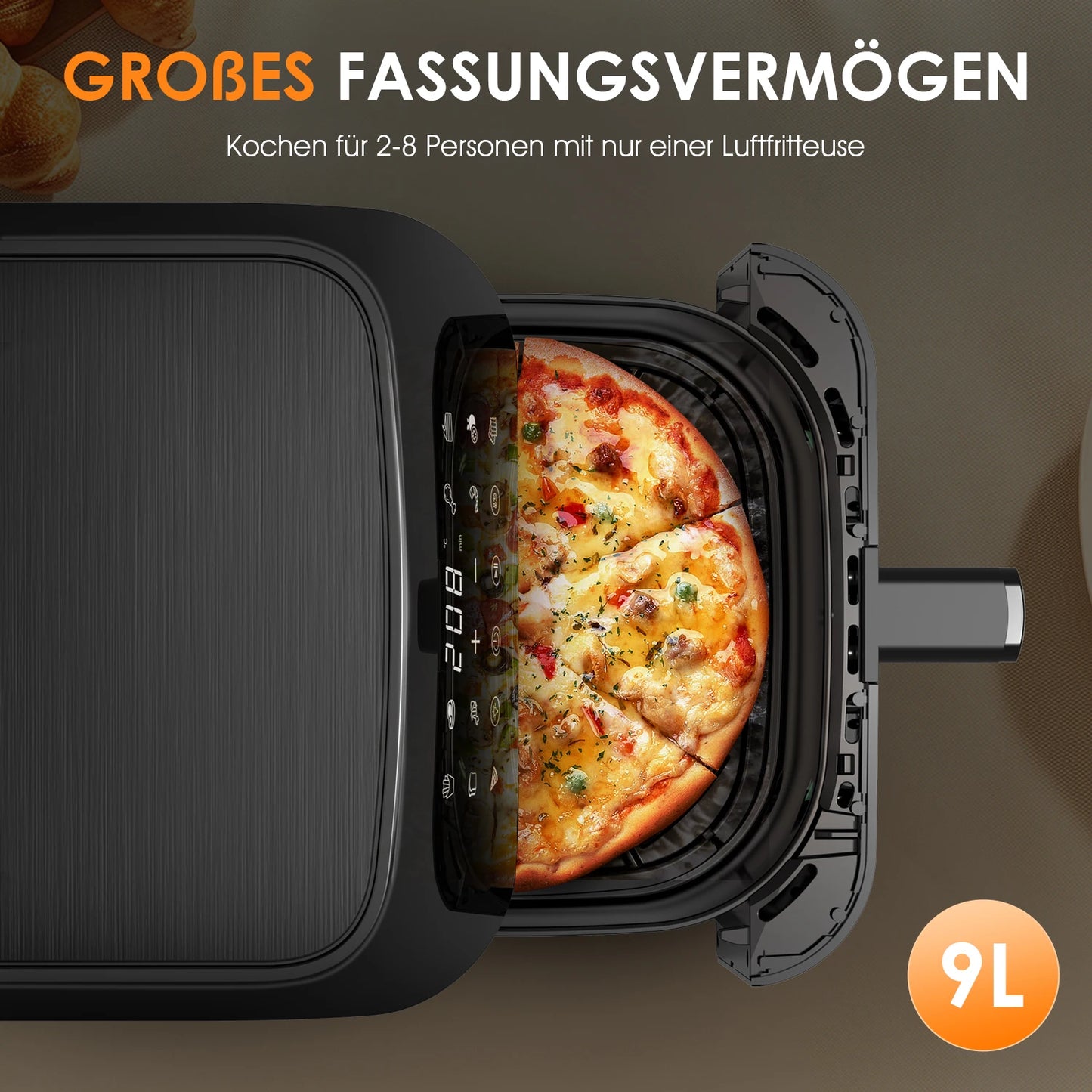 Friteuse à air 9L avec pizza, capacité grande pour 2-8 personnes, cuisine sans huile