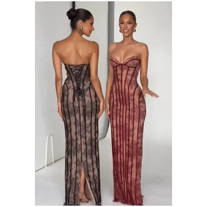 Robe longue chic en gaze sans bretelles, dos nu, épaules dénudées, imprimée, patchwork, slim, pour femme, soirée, 2026
