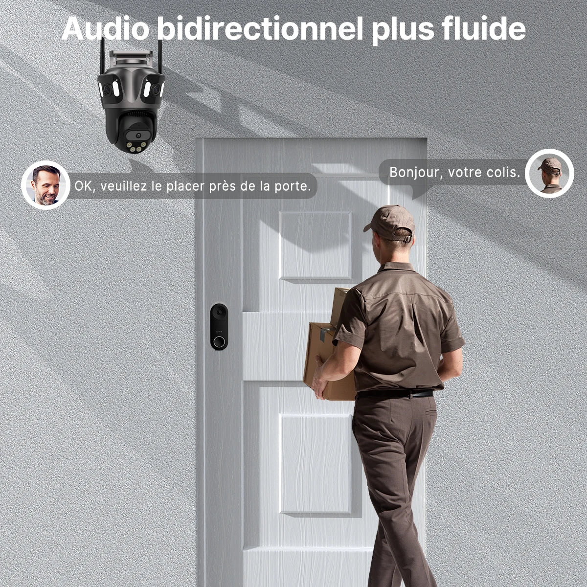 Caméra de sécurité extérieure avec audio bidirectionnel pour livraison et surveillance à domicile