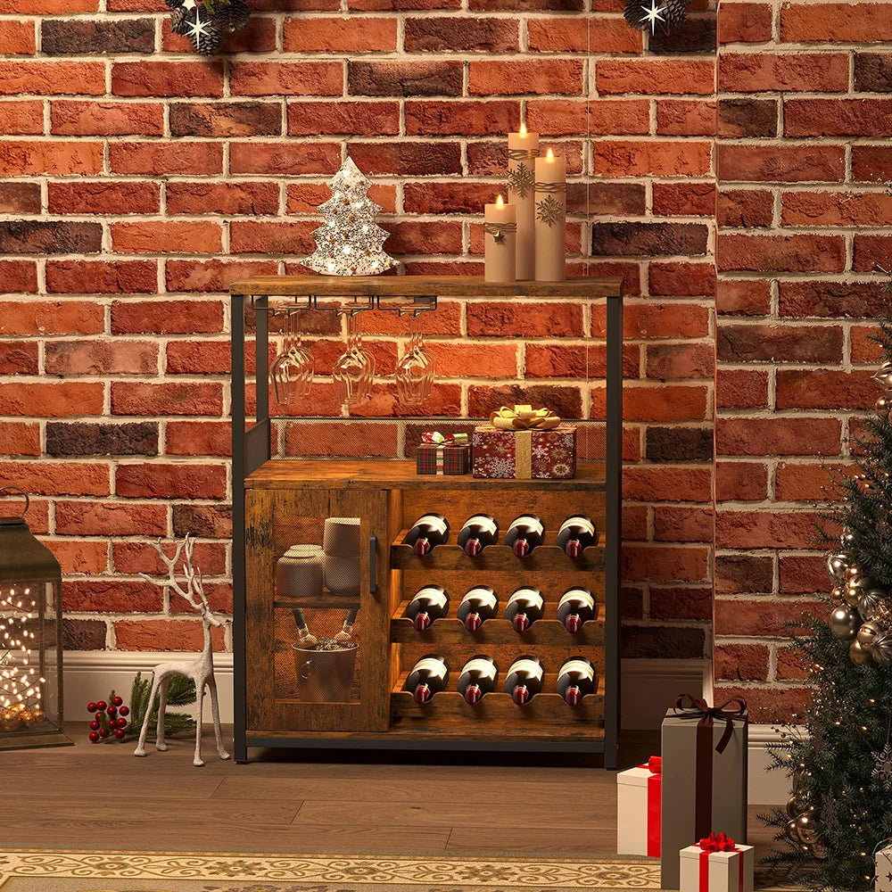 Armoire à vin rétro avec lumières LED 7 couleurs, porte-bouteille réglable et support en verre, stockage de boissons multifonctionnel pour Bar à domicile