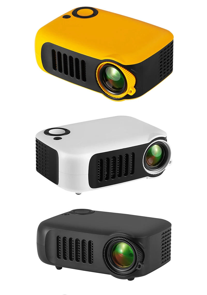 Projecteur portable mini LED en jaune, blanc et noir, idéal pour cinéma maison et présentations