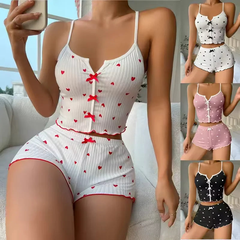 Vêtements de nuit femmes pyjamas ensemble coeur imprimé tissu côtelé doux avec glamour volants garniture décontracté Cami haut et short ensembles vêtements de détente nouveau