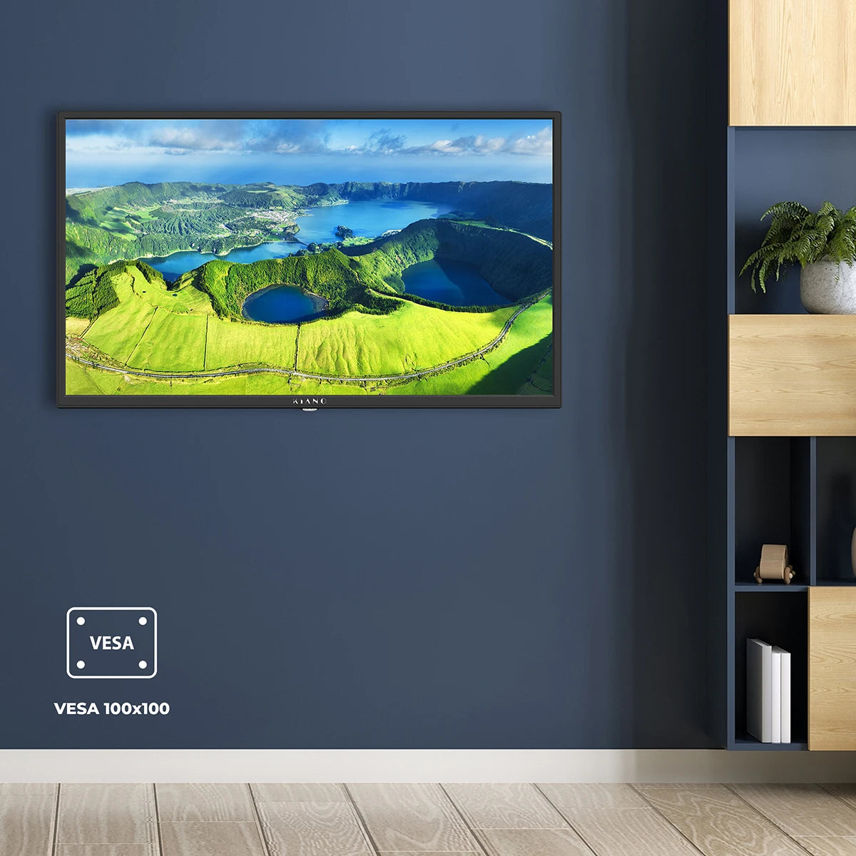 Écran plat VESA 100x100 affichant paysage vert et lac, idéal pour salon moderne