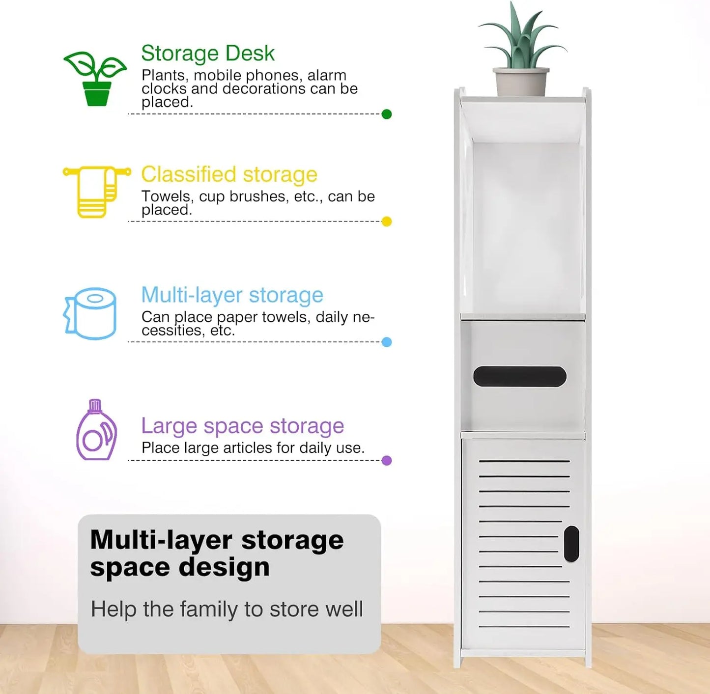 Meuble de rangement multi-niveaux blanc avec étagère, tiroir et porte, idéal pour salle de bain ou cuisine