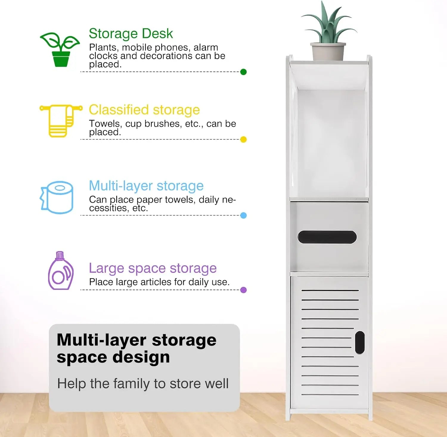 Meuble de rangement multi-niveaux blanc avec étagère, tiroir et porte, idéal pour salle de bain ou cuisine