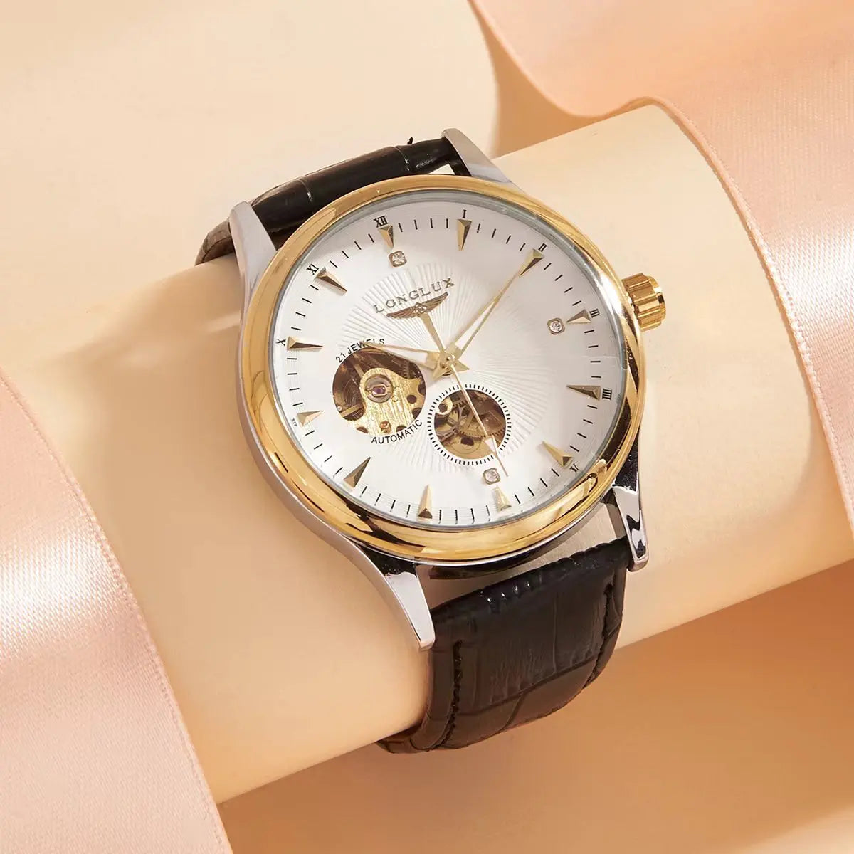 Montre automatique LONGLUX, style élégant, vente en gros, montres mécaniques squelette, cadran romain, étanche, montre homme, cadeau pour homme