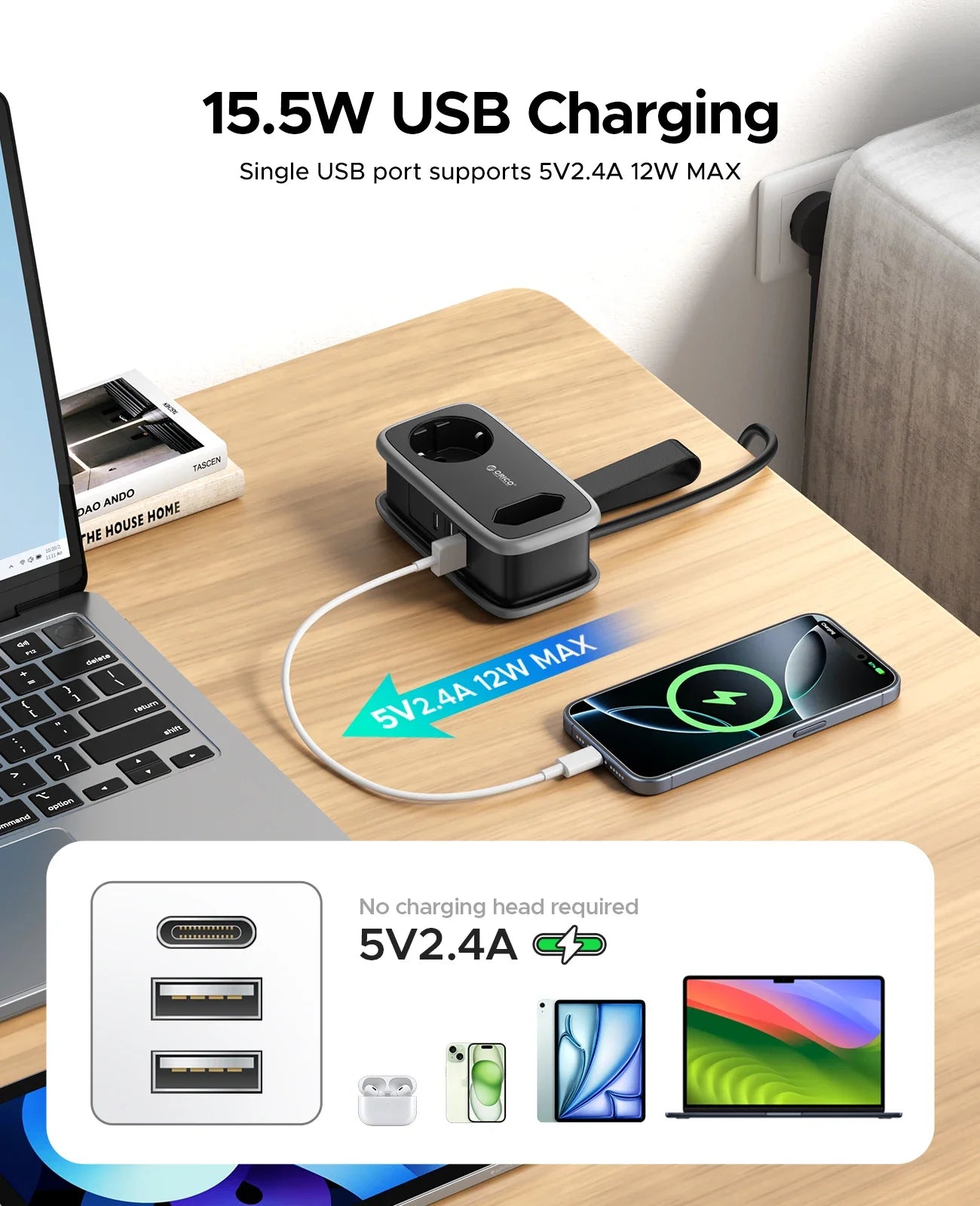 Chargeur USB 15.5W pour smartphone, tablette et accessoires high-tech, sans adaptateur requis
