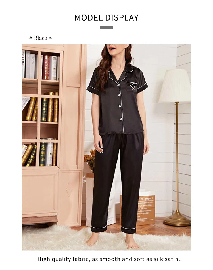 Ensemble de pyjama brodé en satin pour femme, poche, cœur, confortable, manches courtes, bouton, pantalon de salon, vêtements de nuit