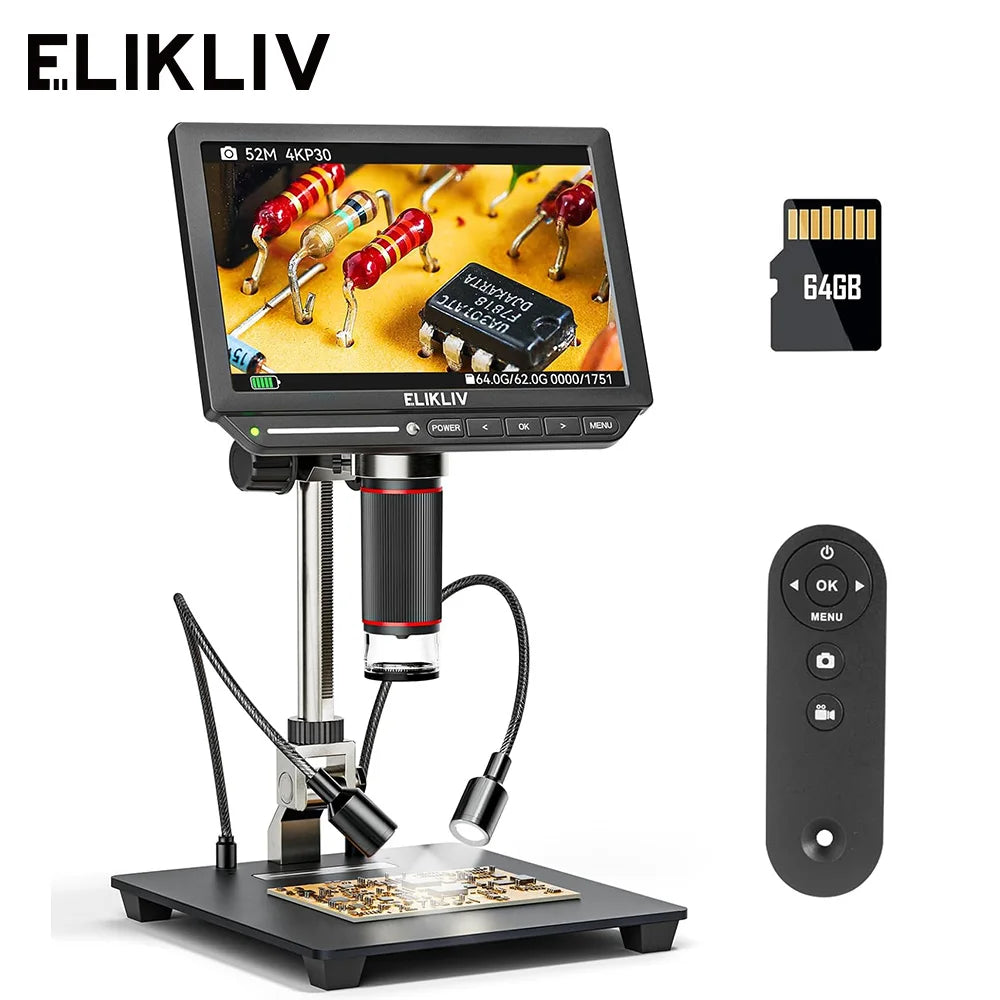 Elikliv EM4K 4K HDMI Microscope numérique pour l'électronique 8 "2000X Microscope à souder pour la réparation d'inspection de PCB avec support 10"