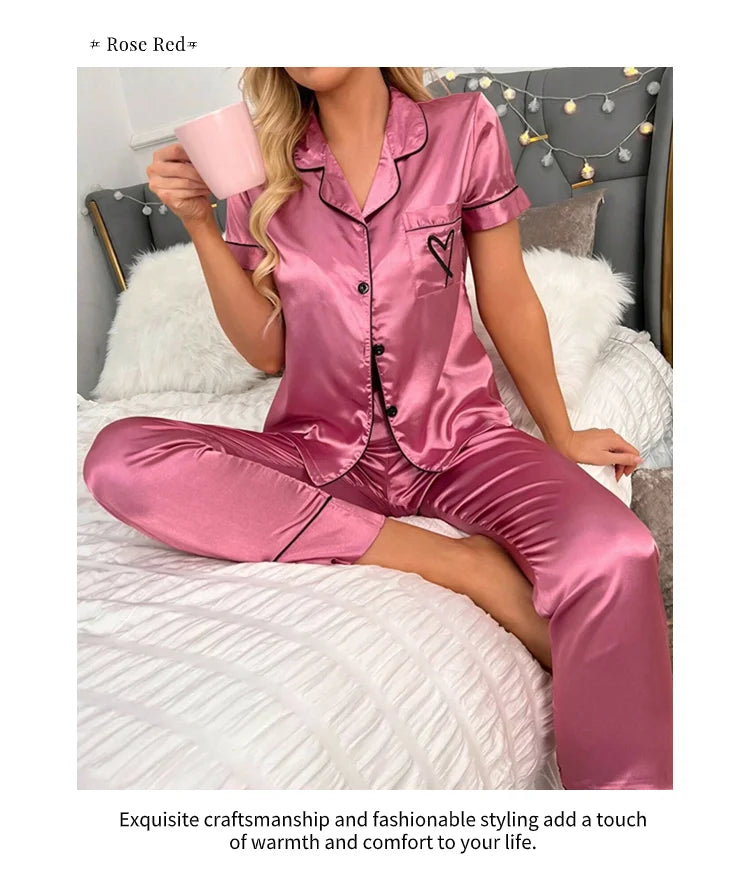 Ensemble de pyjama brodé en satin pour femme, poche, cœur, confortable, manches courtes, bouton, pantalon de salon, vêtements de nuit