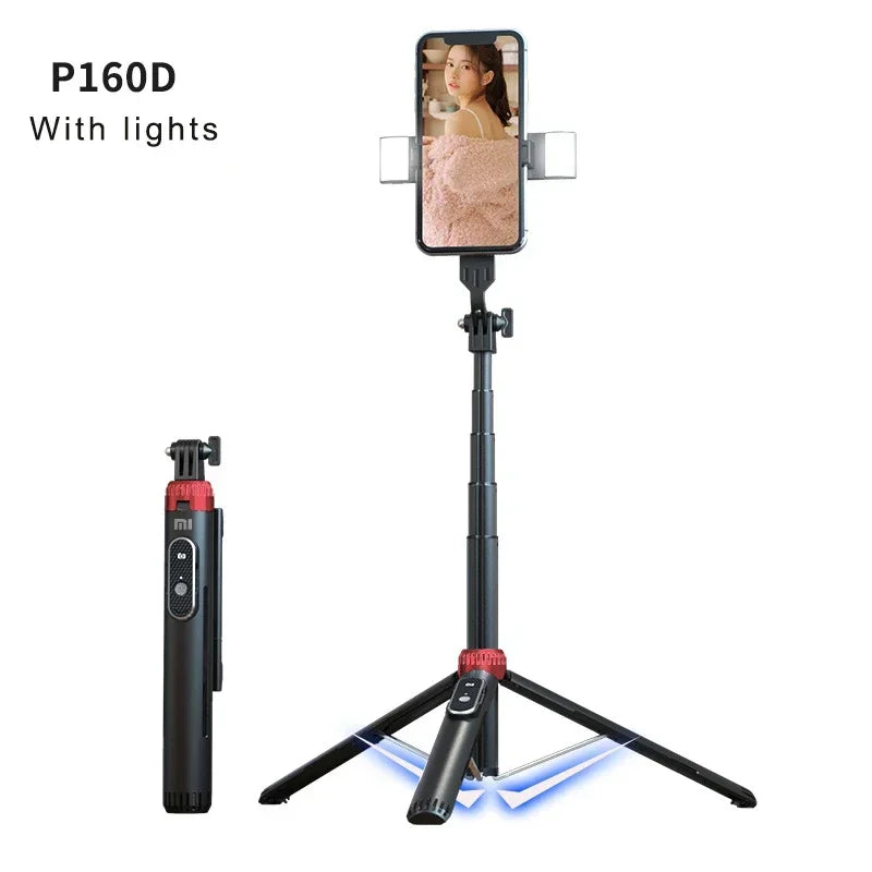 Trépied perche à selfie P160 de 1.6 m, support de téléphone portable rétractable en alliage d'aluminium avec Bluetooth aste pour IOS Android