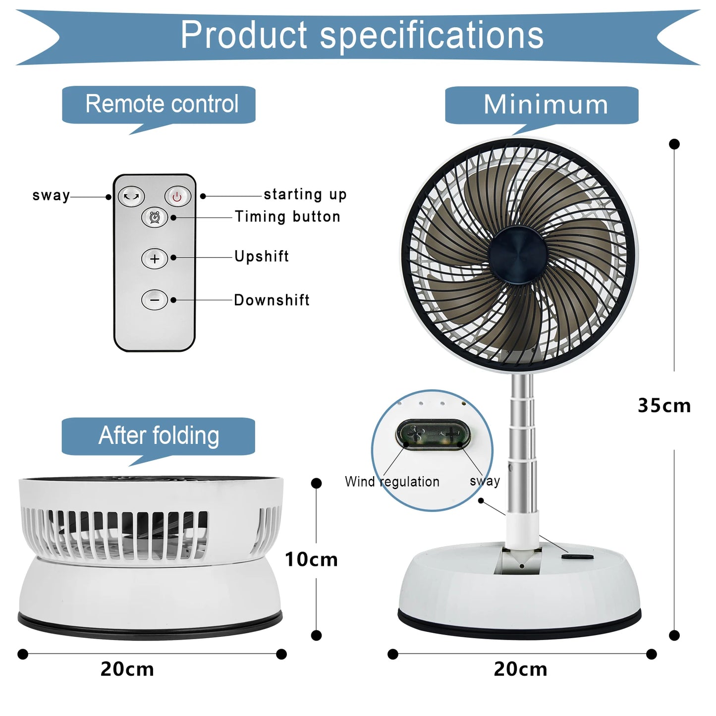 Ventilateur sur pied oscillant portable avec télécommande, ventilateur de bureau pliable, batterie aste, 62 piédestaux, camping