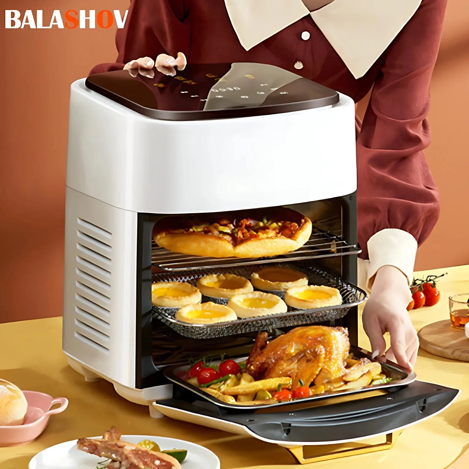 Four à air chaud multifonction avec pizza, tartelettes et poulet rôti, cuisson rapide et saine