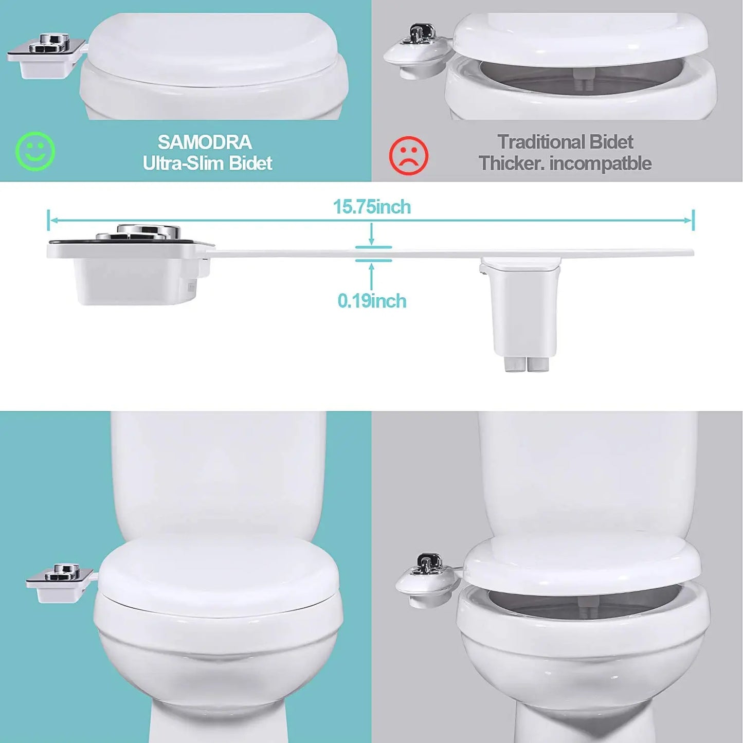 Bidet ultra-fin SAMODRA pour toilette, design mince et compatible, comparaison avec bidet traditionnel épais