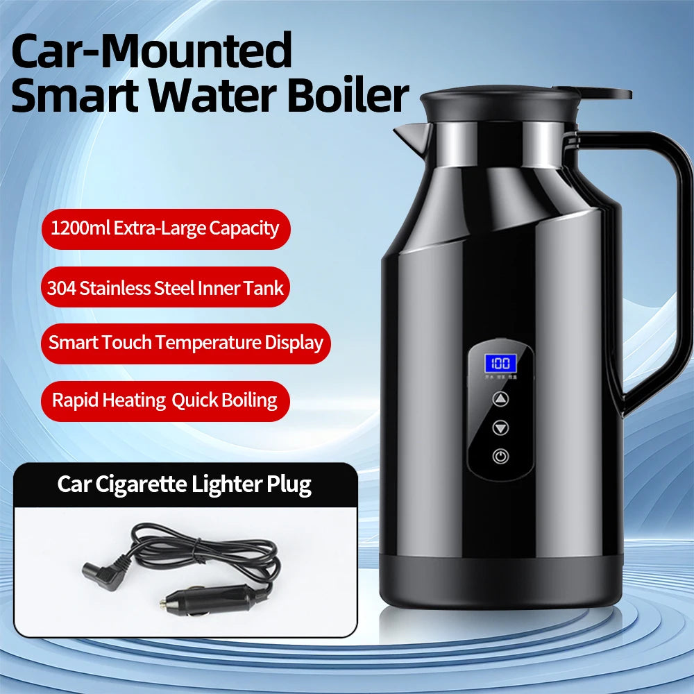 Bouilloire électrique intelligente pour voiture, 1200ml, acier inoxydable 304, affichage tactile, chauffage rapide