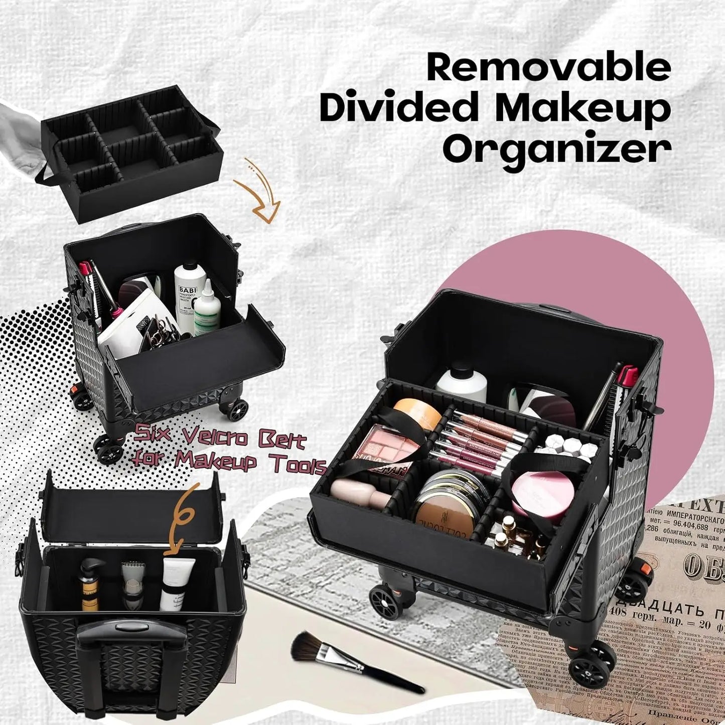 Trousse de maquillage professionnelle sur roulettes, trousse à cosmétiques extra large, trousse de maquillage roulante, organisateur de maquillage avec roulettes
