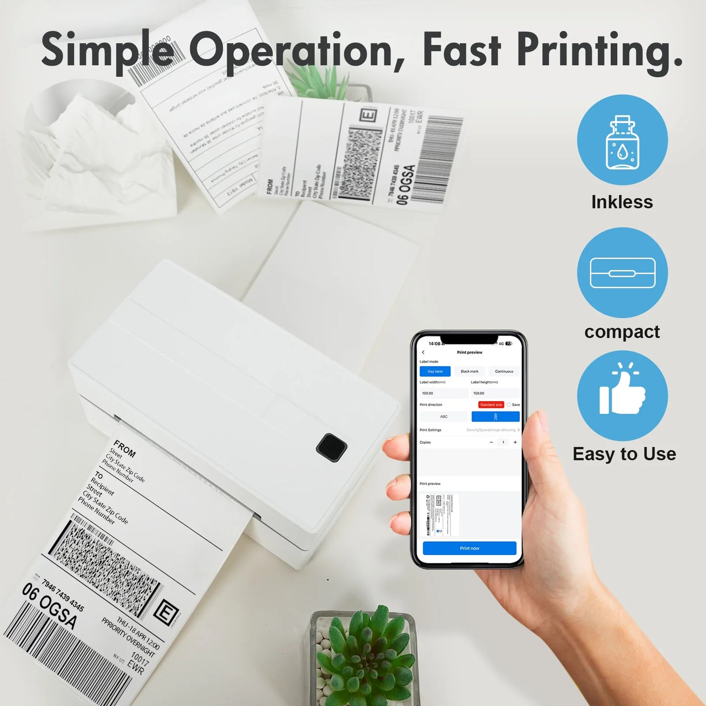 Imprimante d'étiquettes sans encre compacte, impression rapide via smartphone, idéale pour colis et expéditions