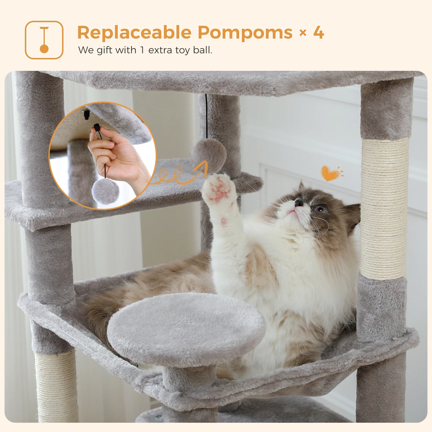 Arbre à chat gris avec pompons remplaçables, griffoir et chat jouant
