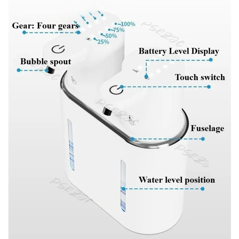 Gadget high-tech blanc avec écran batterie, 4 vitesses, bec à bulles et niveau d'eau visible