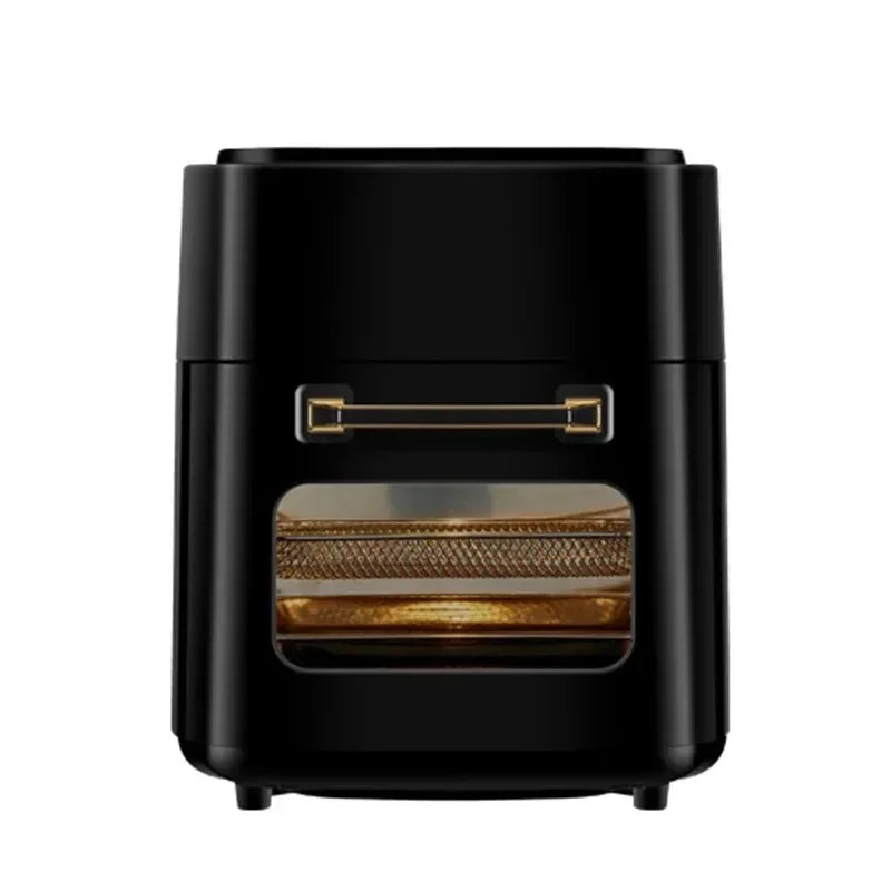 Friteuse à air chaud noire avec hublot transparent et poignée dorée, appareil high-tech pour cuisine saine
