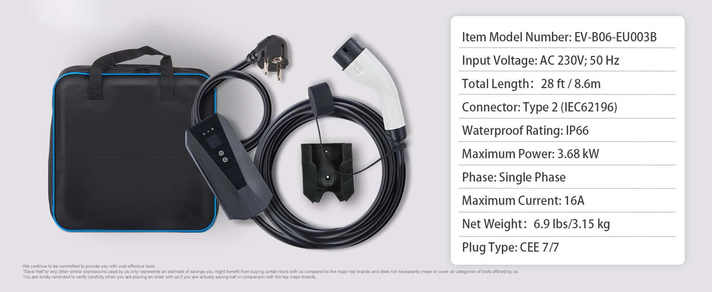 Câble de recharge électrique EV Type 2, 3.68 kW, IP66, avec sac de transport et connecteur CEE 7/7