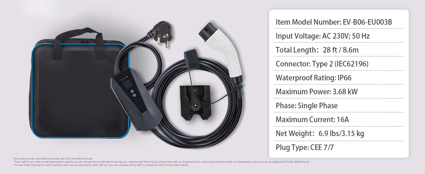 Câble de recharge électrique EV Type 2, 3.68 kW, IP66, avec sac de transport et connecteur CEE 7/7
