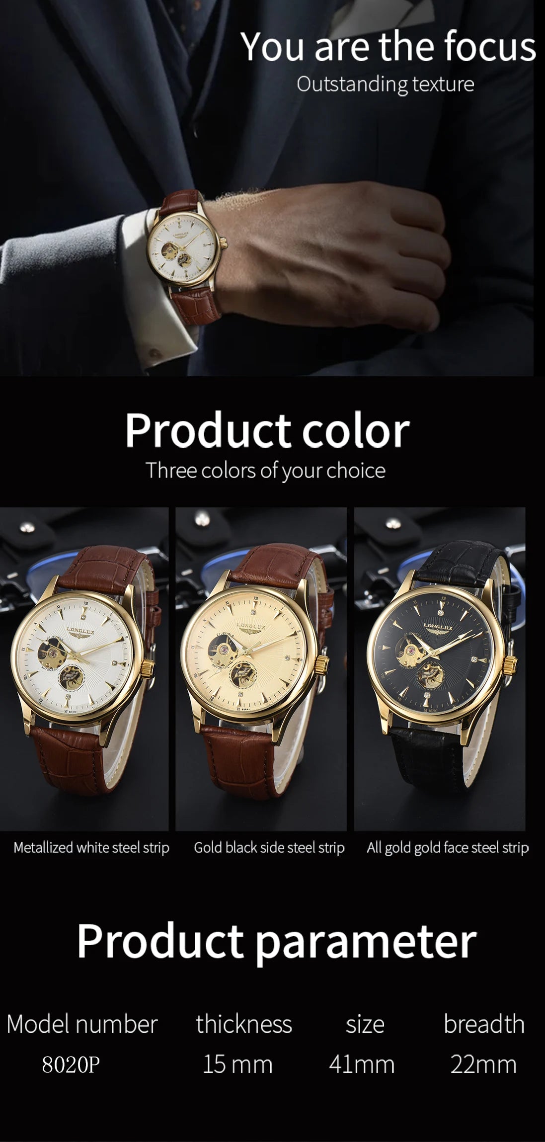Montre automatique LONGLUX, style élégant, vente en gros, montres mécaniques squelette, cadran romain, étanche, montre homme, cadeau pour homme