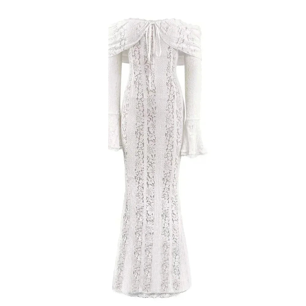 Suninheart Robe Longue Blanche Épaules Dénudées pour Événements - Robe de Soirée Rouge Manches Longues en Dentelle Élégante 2025 - Robe de Mariage Luxueuse, Robe de Bal pour Femmes