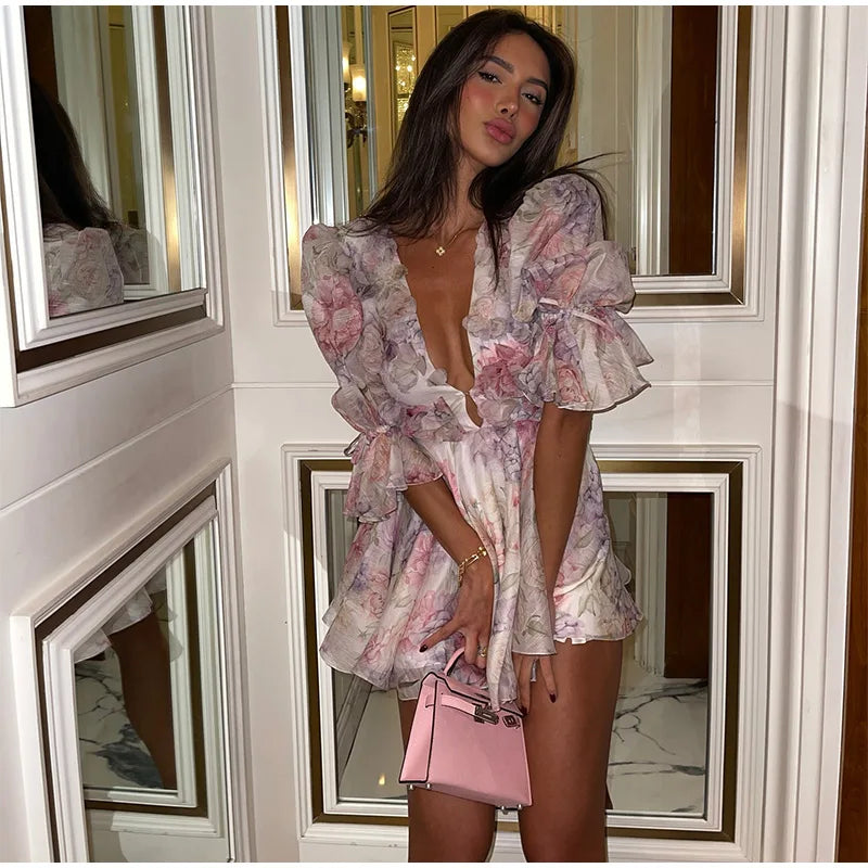 Femmes cravate-teinture 3D fleur col en V pleine sans manches Mini robes mode mince imprimé plusieurs plis robes nouvelle dame vêtements de vacances