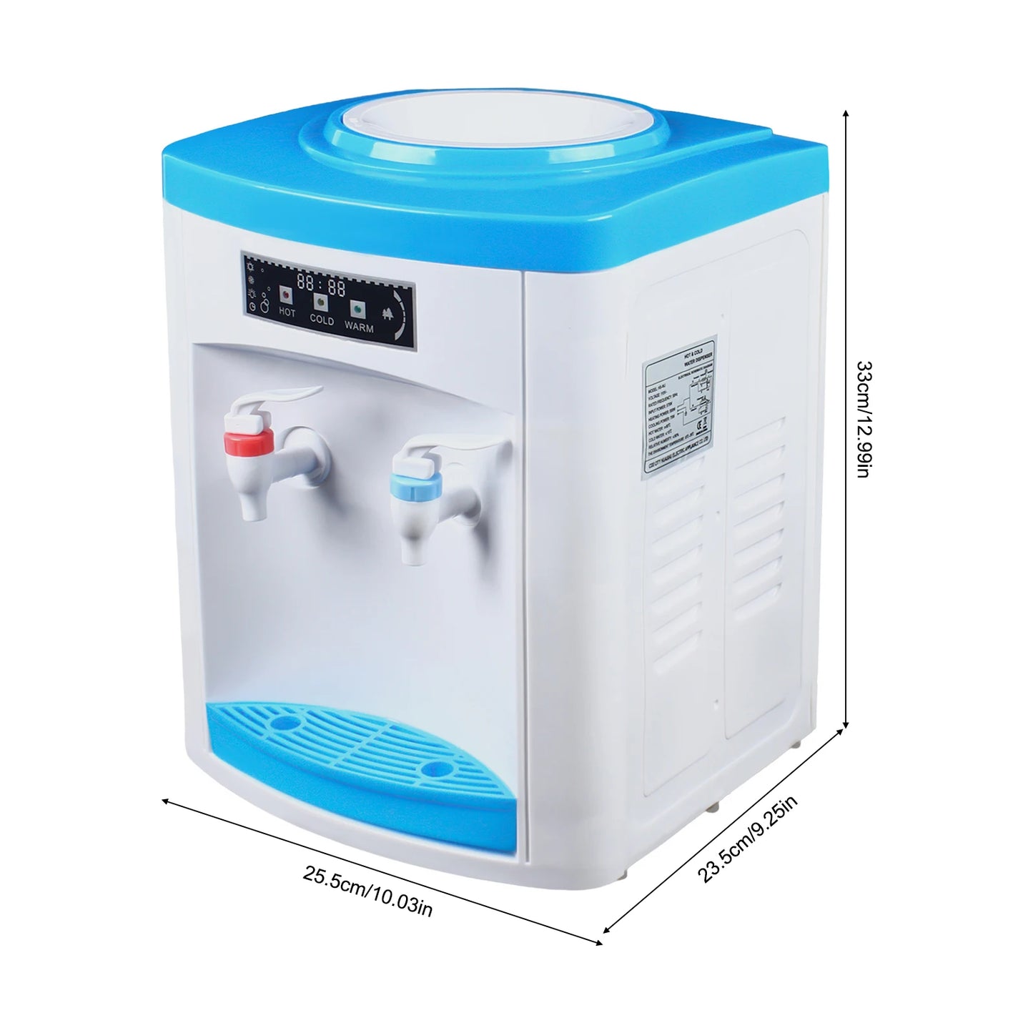 Distributeur d'eau chaud/froid avec écran numérique et robinets colorés, compact et moderne pour bureau ou maison