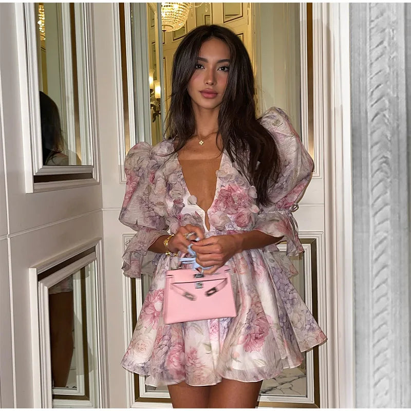 Femmes cravate-teinture 3D fleur col en V pleine sans manches Mini robes mode mince imprimé plusieurs plis robes nouvelle dame vêtements de vacances