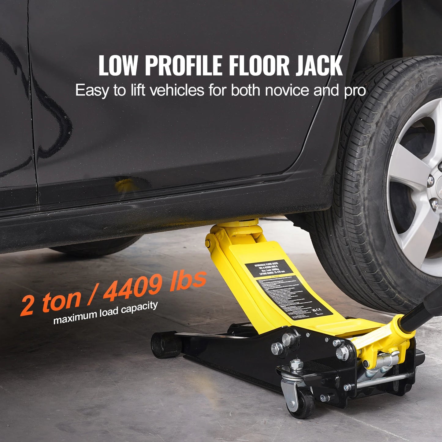 Jack de sol profil bas jaune 2 tonnes pour voiture, levage facile pour débutants et pros