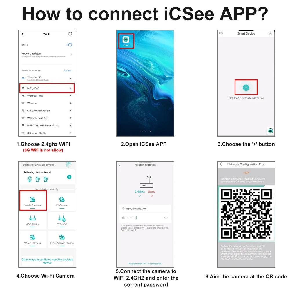 Guide connexion iCSee APP : Wi-Fi 2.4GHz, scan QR code, ajouter caméra intelligente